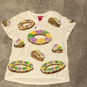 Queen of Sparkles Mardi Gras king cake sequined t-shirt, size small NWT!